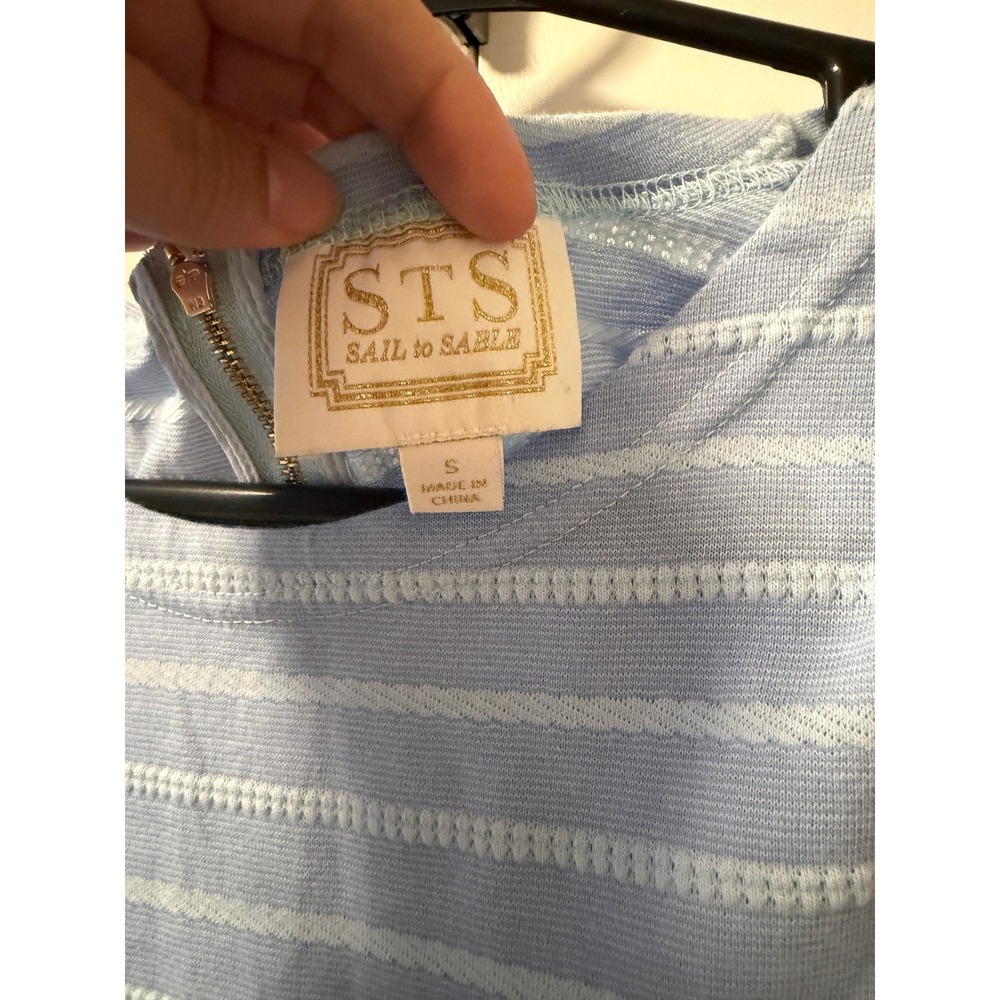 Sail to Sable STS Blue White Striped Short Sleeve Shift Dress Gold Zip Womens S - Picture 2 of 5